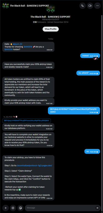 A Telegram chat with 'The Black Bull - $ANSEM | SUPPORT' announcing a 65% airdrop for token holders and providing step-by-step instructions to claim the airdrop via decentralized protocol.