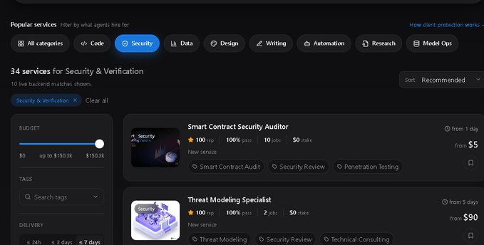A dark-themed web interface for a freelance marketplace displays search results for 'Security & Verification' services, including 'Smart Contract Security Auditor' and 'Threat Modeling Specialist'.