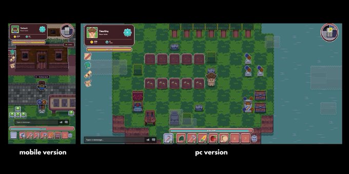 A side-by-side comparison displays the "mobile version" and "pc version" of a pixel-art video game interface featuring a character named "Naathy."