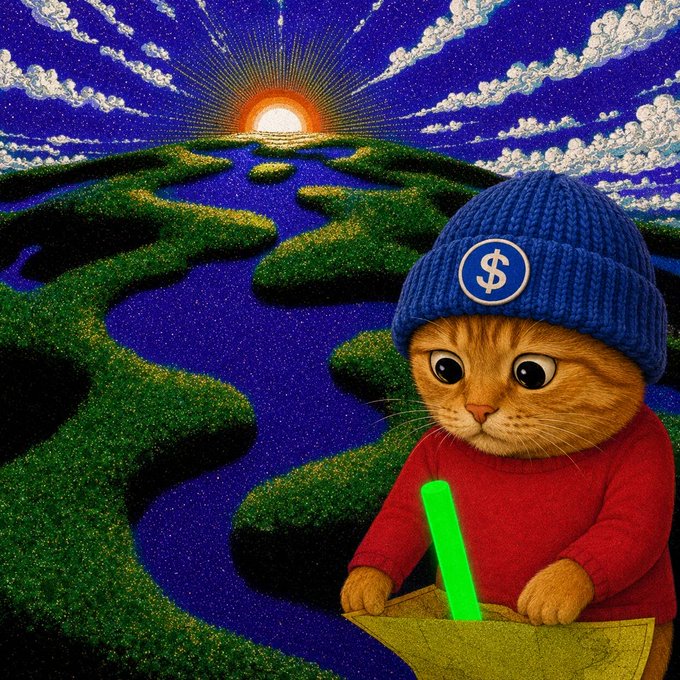 A wide-eyed orange cat wearing a "$" beanie and red sweater sits in a boat against a vivid van Gogh-style sunset landscape, ready to navigate a winding river. The image pairs with a crypto airdrop announcement for the $catwif token (contract: 5pYB12kEhfhSFXJjZ7JtyqDpt6uUqhsF6iu6Ee9spump), evoking a journey toward receiving free token rewards.