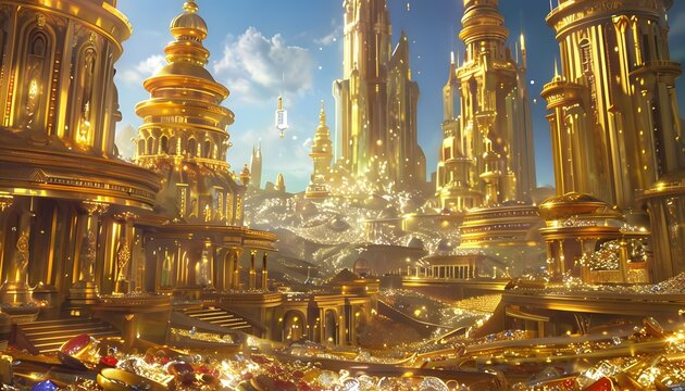 The image features a large, ornate building with gold accents that resembles a castle or palace. The building has multiple towers and spires, giving it an impressive appearance. In front of this grand structure, there are several people gathered around, possibly admiring its beauty or attending an event.