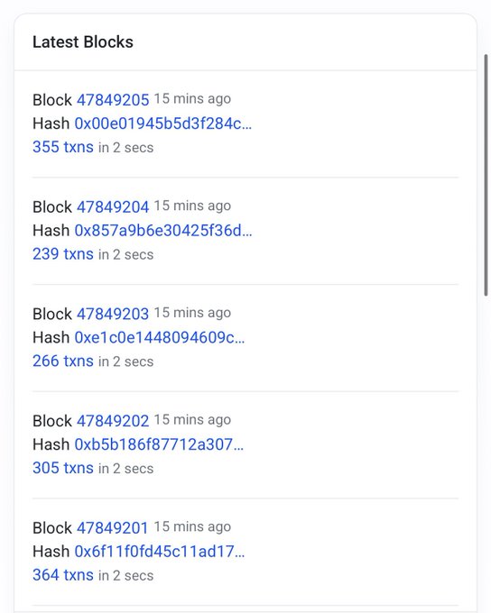 The image shows a "Latest Blocks" feed displaying 5 blocks (47849205 through 47849201), all mined 15 minutes ago with transaction counts ranging from 239 to 364 txns. This illustrates the post's complaint about Coinbase's Base network being down, as the latest blocks show no recent activity beyond 15 minutes, supporting the user's claim that transactions aren't going through—likely due to the B20 token launch overwhelming the network.