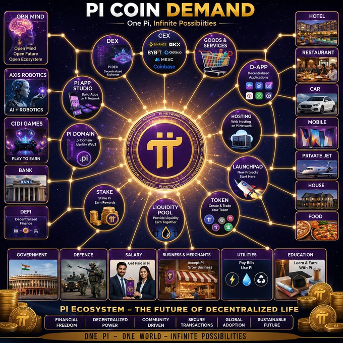 The infographic, titled "PI COIN DEMAND – One Pi, Infinite Possibilities," illustrates the expanding Pi Network ecosystem with a central Pi symbol connected to various features including DEX (Binance, Bybit, OKX, Gate.io, MEXC, Coinbase), Goods & Services, CEX, D-APPS, Pi App Studio, OBN Mind, Axis Robotics, Pi Domain, CIDI Games, Bank, DeFi, Stake, Liquidity Pool, Hosting, Launchpad, Token Pocket, and real-world use cases like hotels, restaurants, cars, mobile, education, and government—supporting the post's message that Pi is evolving into a comprehensive Web3-powered digital ecosystem where utility drives adoption.