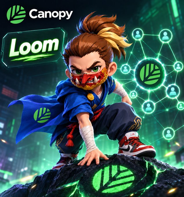 A stylized digital illustration of a masked ninja-like character with a 'Canopy' logo and 'Loom' text, surrounded by glowing green network connection graphics.