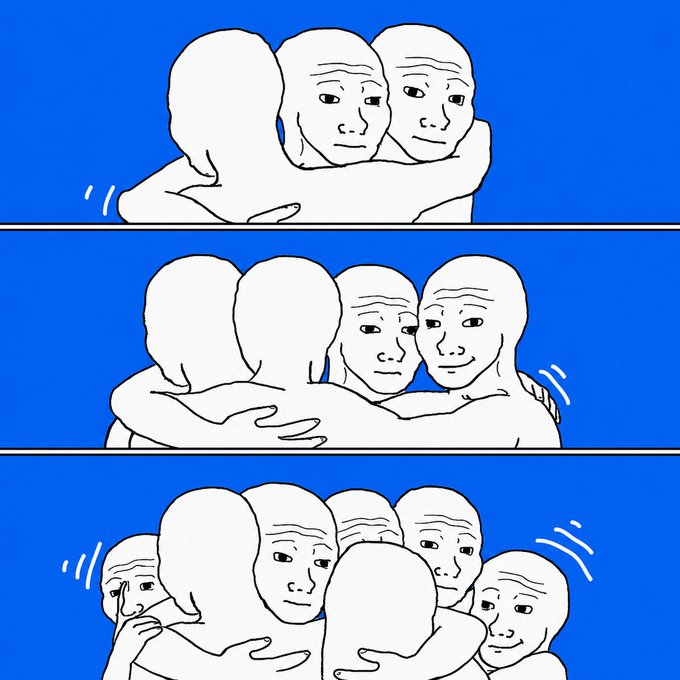 A three-panel comic featuring the 'wojak' meme characters embracing in groups that grow progressively larger, starting with two and ending with six hugging figures.
