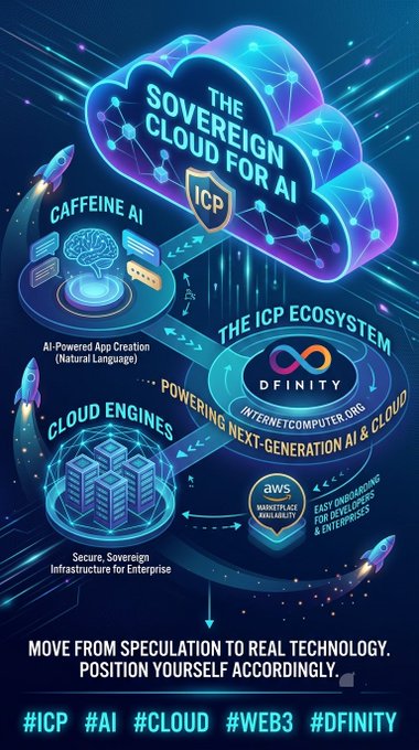 A promotional graphic titled 'THE SOVEREIGN CLOUD FOR AI' highlights the ICP ecosystem by DFINITY, featuring Caffeine AI and Cloud Engines with hashtags #ICP #AI #CLOUD #WEB3 #DFINITY.