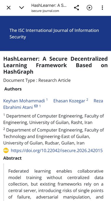 Screenshot of a research article titled 'HashLearner: A Secure Decentralized Learning Framework Based on HashGraph' from the ISC International Journal of Information Security, authored by Keyhan Mohammadi, Ehsaan Kozegar, and Reza Ebrahimi Atani from the University of Guilan, Iran.