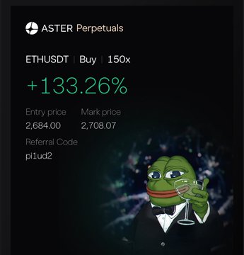 A trading screenshot from ASTER Perpetuals showing an ETHUSDT Buy at 150x leverage with a +133.26% gain, entry price 2,684.00 and mark price 2,708.07, featuring a smug Pepe in a suit.