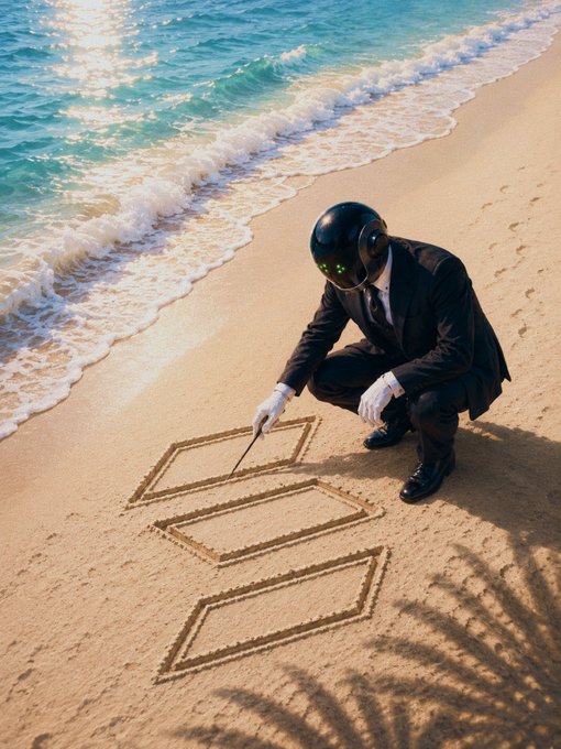 A suited figure with a sleek black helmet crouches on a sunny beach, using tweezers to meticulously trace geometric rectangles in the sand as turquoise waves lap nearby. The surreal, meme-like scene of a faceless "agent" carefully drawing shapes on the shoreline mirrors the post's theme of quietly building something stable and real in Solana's summer.