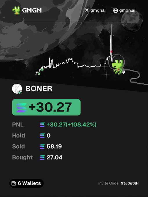 A user shares their GMGN portfolio screenshot showing a +30.27 SOL (+108.42%) gain on the "BONER" token, with 58.19 SOL sold and 27.04 SOL bought, celebrating their win while offering to send SOL to others who drop their wallet address.