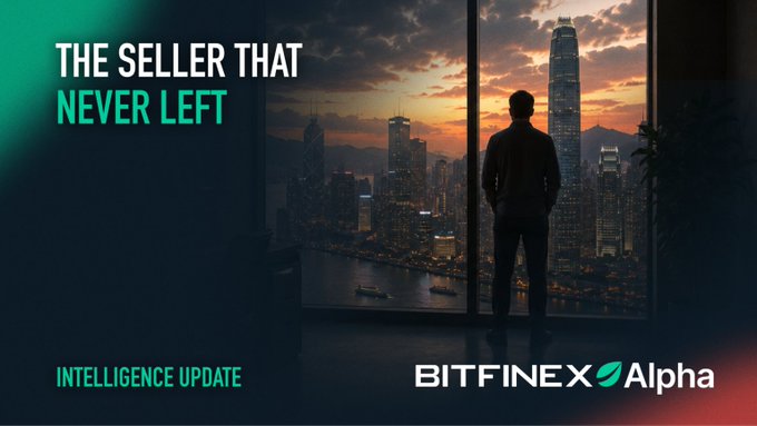 A silhouetted figure gazes out at a city skyline at dusk, with the headline "THE SELLER THAT NEVER LEFT" and "INTELLIGENCE UPDATE" alongside the Bitfinex Alpha logo—evoking the persistent, hard-to-pin-down nature of the crypto sellers (crypto-natives, ETFs, and Strategy) discussed in the post.