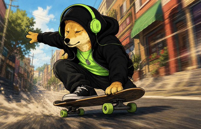 A digitally illustrated scene of a dog wearing a black hoodie and bright green headphones, crouching on a green skateboard in a sunny urban street.
