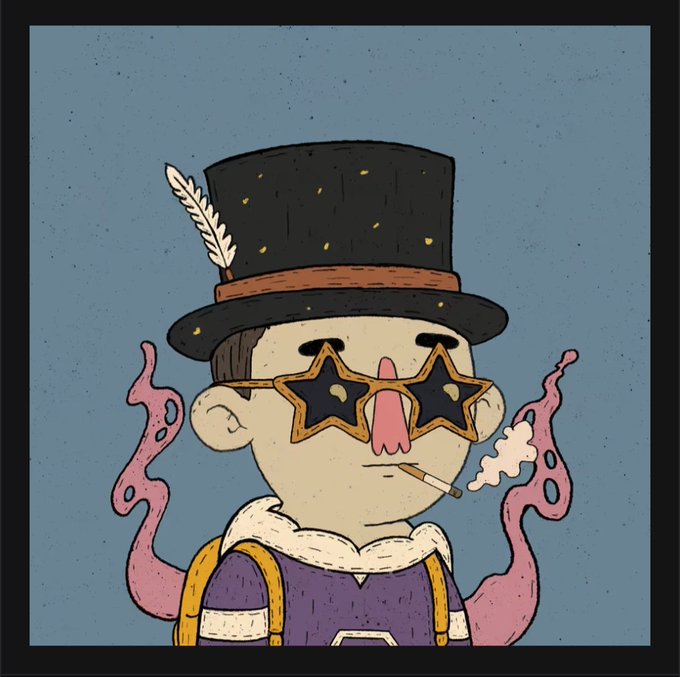 A stylized cartoon illustration of a character wearing a black top hat with a feather, star-shaped sunglasses, a purple shirt with suspenders, and smoking a cigarette, surrounded by pink wispy smoke against a blue background.
