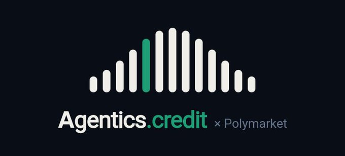 A brand collaboration graphic on a dark background showing the text 'Agentics.credit x Polymarket' beneath an icon of a soundwave-style equalizer with one bar highlighted in green.