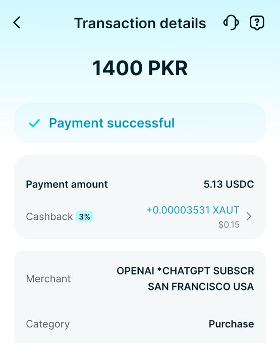 A transaction confirmation screen showing a successful payment of 1400 PKR (5.13 USDC) to OPENAI *CHATGPT SUBSCR SAN FRANCISCO USA.