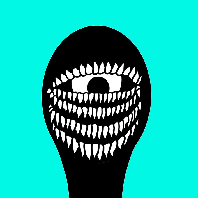 A black silhouette of a spoon-shaped creature with a single large eye and multiple rows of sharp jagged teeth against a teal background.