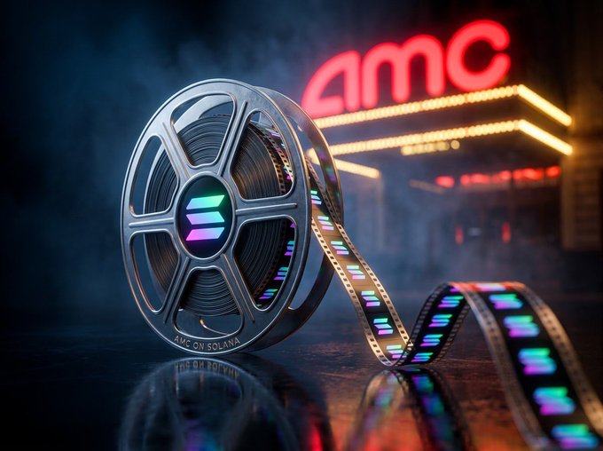 A film reel with "AMC ON SOLANA" text and a glowing Solana logo sits in front of a neon AMC theater sign, with colorful filmstrip unspooling across a reflective surface.