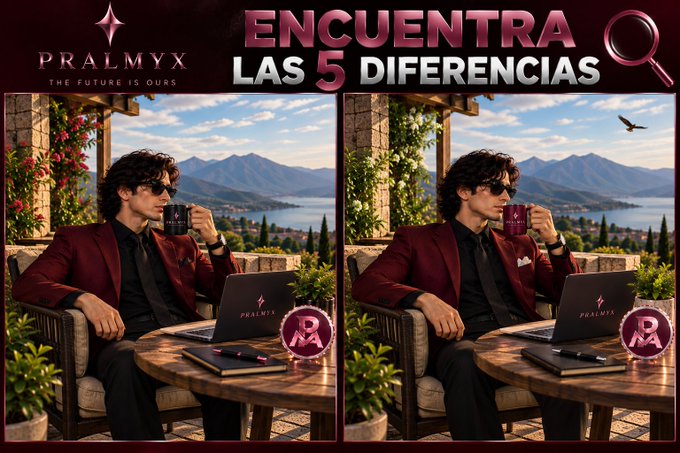 A 'spot the 5 differences' puzzle game titled 'ENCUENTRA LAS 5 DIFERENCIAS' by PRALMYX, featuring two nearly identical images of a man in a red blazer drinking coffee at an outdoor cafe with a laptop.
