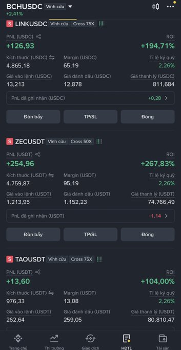 A cryptocurrency trading app screen showing positions with significant gains: LINKUSDC +194.71%, ZECUSDT +267.83%, and TAOUSDT +104.00%.