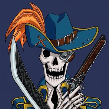 An illustrated skull wearing a blue cowboy hat with orange feathers and an eyepatch holds a pistol and a sword.