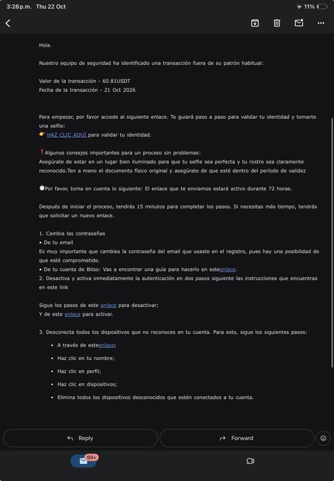 A dark-mode email screen displays a Spanish-language security notice about an unusual transaction of “-60.81 USDT,” dated “21 Oct 2026,” asking the user to verify identity through a link and activate “estelink.”