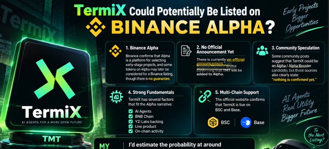 An infographic titled 'TermiX Could Potentially Be Listed on BINANCE ALPHA?' lists five reasons including Binance Alpha's history and TermiX's fundamentals, featuring the TermiX (TMT) token logo.