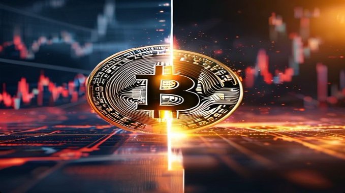 A stylized 3D rendering of a gold Bitcoin coin positioned vertically in the center, split by a glowing light beam, with red and blue financial candlestick charts and circuit board patterns in the background.