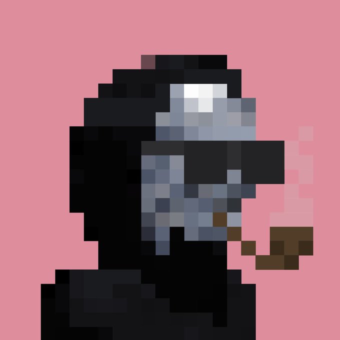 A highly pixelated, low-resolution image of a figure wearing a black hood and a grey mask, smoking a brown pipe against a solid pink background.