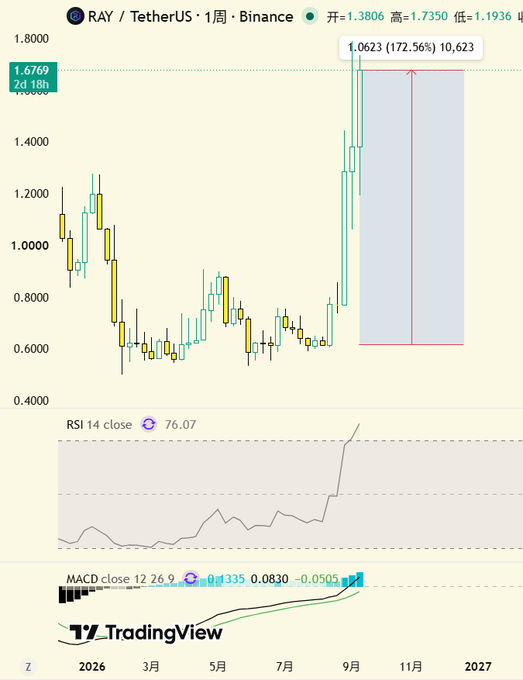 A TradingView candlestick chart of RAY/TetherUS on Binance (1-week) showing a massive 172.56% rally from approximately 0.6 to 1.7350, with RSI at 76.07 and MACD 12 26 9 at 0.0835.