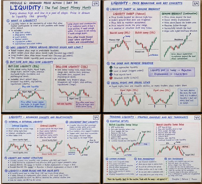 A detailed four-panel educational infographic titled 'LIQUIDITY: The Fuel Smart Money Hunts' explains concepts like buy-side, sell-side liquidity, sweeps, and trading strategies with accompanying candlestick charts.