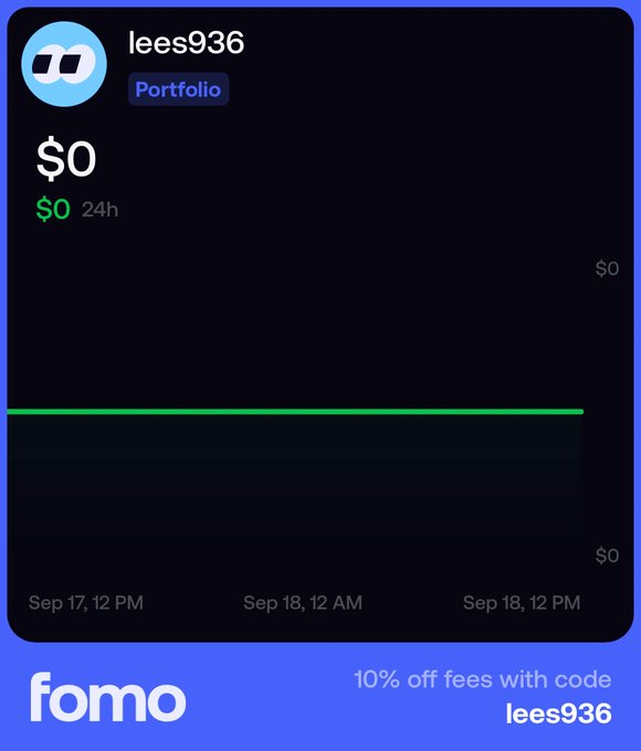 A dark-themed portfolio screen from the 'fomo' app showing a user 'lees936' with a $0 balance and a flat green performance line graph, promoting '10% off fees with code lees936'.