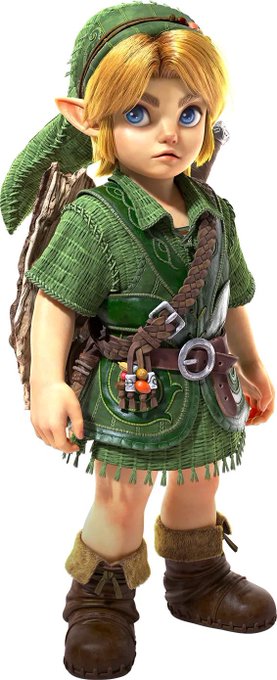 The image shows a 3D render of Link, the iconic protagonist from *The Legend of Zelda* series, featuring the character with pointed elf-like ears, blond hair, and his classic green tunic, belt, and pointed hat. He is depicted standing with a quiver of arrows on his back and a small pouch at his waist, matching the post's showcase of detailed fan-made or official character renders.