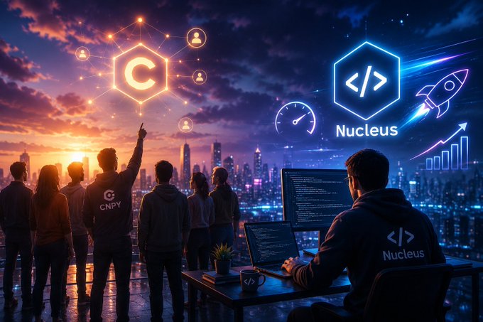 A diverse group of developers and community members wearing "CNPY" hoodies gaze toward a glowing city skyline at sunset, while a developer at a dual-monitor workstation—branded with the "Nucleus" logo—types code, with floating hexagonal icons displaying "C," "</>", and "Nucleus" alongside a rocket symbolizing Web3 innovation and fast execution.