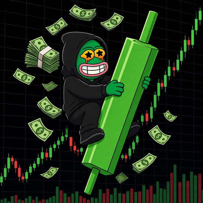 A cartoon illustration of a green-faced character in a black hoodie with star-shaped eyes rides a green candlestick on a financial chart, surrounded by falling dollar bills and an upward green price trend.
