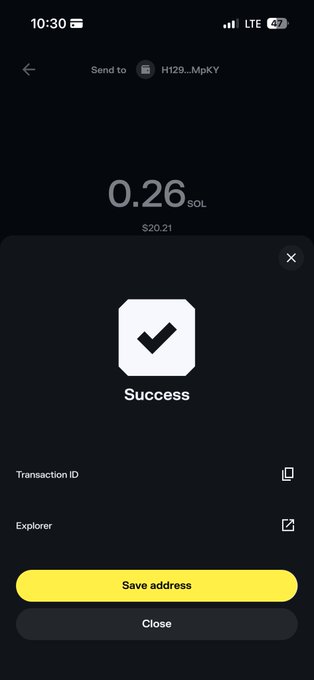 A successful transaction of 0.26 SOL ($20.21) was sent to H129...MpKY, confirming the sender's claim of sending $20.