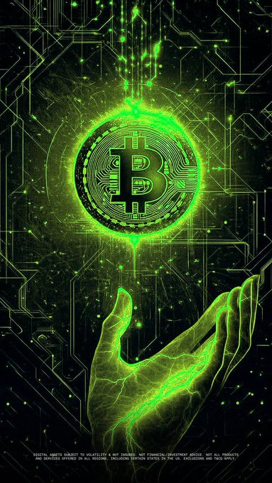 A glowing green Bitcoin coin hovers above a hand, surrounded by digital circuitry and particle effects, symbolizing cryptocurrency and digital finance. The stylized "B" Bitcoin logo is prominently featured at the center, making it an ideal futuristic wallpaper to showcase crypto enthusiasm on your phone.