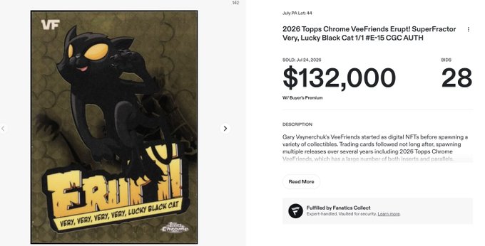 A screenshot of a trading platform displays a '2026 Topps Chrome VeeFriends Erupt! SuperFractor Very, Lucky Black Cat 1/1 #E-15 CGC AUTH' card for $132,000 with 28 bids, featuring a black cat character with yellow eyes.