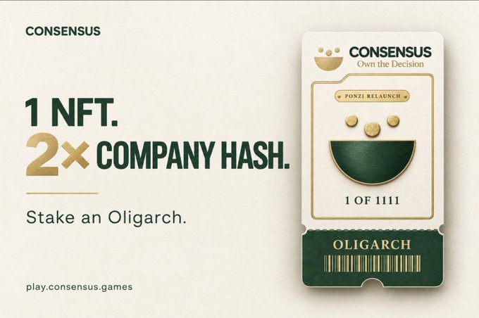 The image is a promotional graphic for "Consensus: Own the Decision," featuring a green and gold Ponzi Relaunch NFT ticket labeled "1 OF 1111" and "OLIGARCH," alongside text highlighting that staking one Oligarch NFT doubles (2×) the company hash/mining power. The design visually reinforces the post's message by showing the specific NFT collectible and its staking benefit, directing viewers to play.consensus.games.