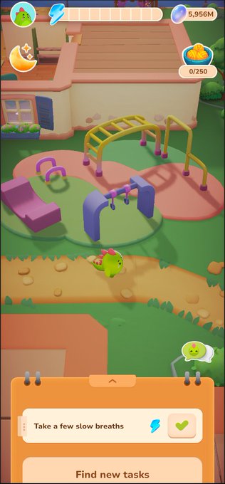 The image shows an app screen displaying a cartoon character, likely a dinosaur or a small green creature, walking through a garden with various objects such as a bench, chair, and ladder. The scene also includes text that reads "Take a slow breath", which suggests that the user should take deep breaths to relax their mind and body. The post about the app is titled "Just woke up to another perfect sleep streaj on @sleepagotchi" and it mentions how the app has been designed to help users find new tasks, possibly related to gardening or relaxation techniques.