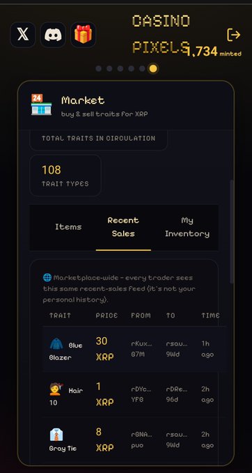 The image shows a smartphone screen displaying several text fields, with one of them titled "Market" and another one named "Tradesyms". Below these, there are descriptions about items being sold for a total cost of 3xrp and their respective traits. One of the traits is described as having a value of 30xrp. The post in question talks about selling a blazer and how many trading pairs it has for sale.