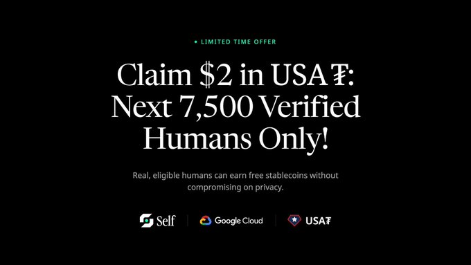 A promotional graphic with a black background advertising a 'LIMITED TIME OFFER' to 'Claim $2 in USDC: Next 7,500 Verified Humans Only!' featuring logos for Self, Google Cloud, and USDC.