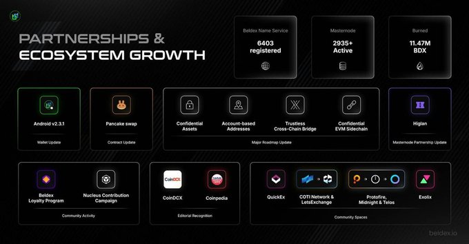 A Beldex.io infographic titled "PARTNERSHIPS & ECOSYSTEM GROWTH" displaying stats like 6,403 Beldex Name Service registrations and listing ecosystem projects including Pancake swap, Higlen, Beldex Loyalty Program, CoinDCX, and Exolix.