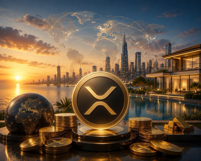 A promotional crypto graphic featuring a large XRP (X) coin, a golden globe, and gold coins arranged on a pedestal against a sunset cityscape backdrop with a holographic globe, pool, and luxury home.