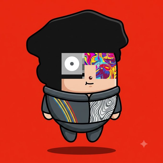 A cartoon-style NFT character with a large black afro, one half of its face obscured by a glitchy colorful static effect, wearing a black tracksuit with colorful stripes, set against a red background.