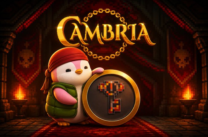 A 3D-rendered penguin wearing a red bandana and green vest stands before a medieval dungeon backdrop with torches and skull banners, holding a pixelated shield beneath the golden 'CAMBRIA' logo.