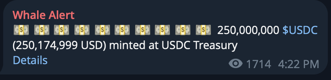 A "Whale Alert" notification reports that 250,000,000 $USDC (worth 250,174,999 USD) was newly minted at the USDC Treasury at 4:22 PM, with 1,714 views. This supports the post's claim of $250 million in new USDC being issued, indicating a significant increase in liquidity—particularly relevant for the Solana ecosystem if the newly minted USDC is bridged there.