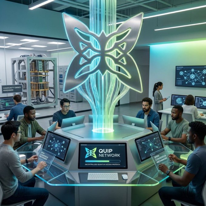 urn of a butterfly, surrounded by six individuals working on laptops and monitors at a futuristic workspace with a large screen displaying "QUIP" and "QUP Network".