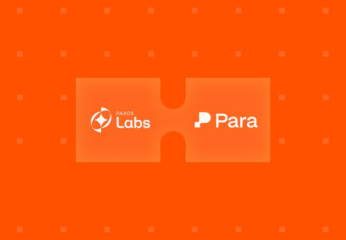 An orange background features two interlocking puzzle-piece-shaped panels displaying the logos for "PAXOS Labs" and "Para."