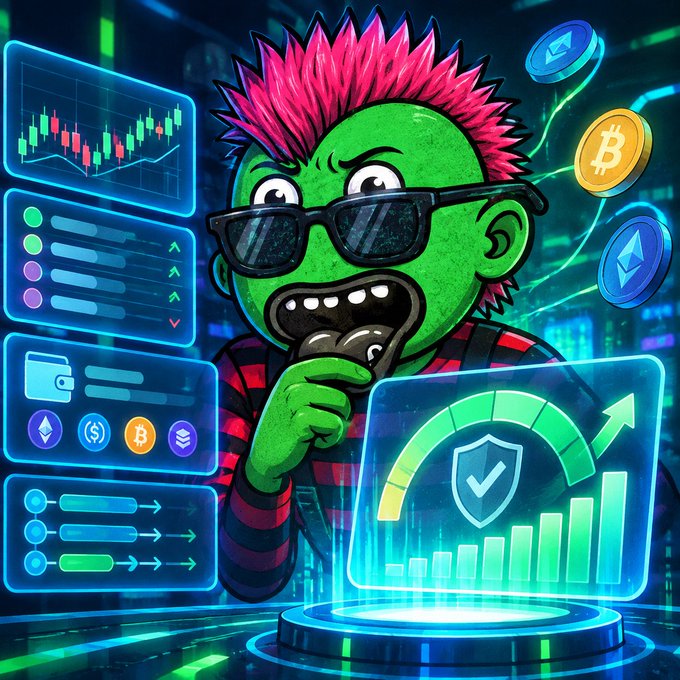 A green-skinned cartoon character with spiky pink hair and sunglasses thoughtfully examines a holographic dashboard displaying crypto trading data, including Bitcoin, Ethereum, and Solana logos, candlestick charts, and a rising performance graph with a security shield.

The image visually represents the concept of building a trader's "credit history"—the data charts and performance metrics symbolize how every trade contributes data points, while the security shield and growing bars reflect how consistent performance earns a verifiable, risk-assessed reputation to unlock capital.