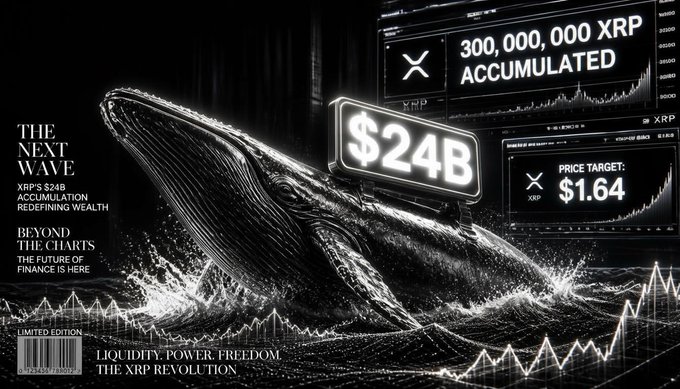 A dramatic black-and-white graphic features a breaching whale alongside trading screens displaying "300,000,000 XRP ACCUMULATED" and "$24B," visually reinforcing the post about XRP whales purchasing 300 million tokens in 96 hours and driving a $24 billion market cap increase toward a $1.64 price target.